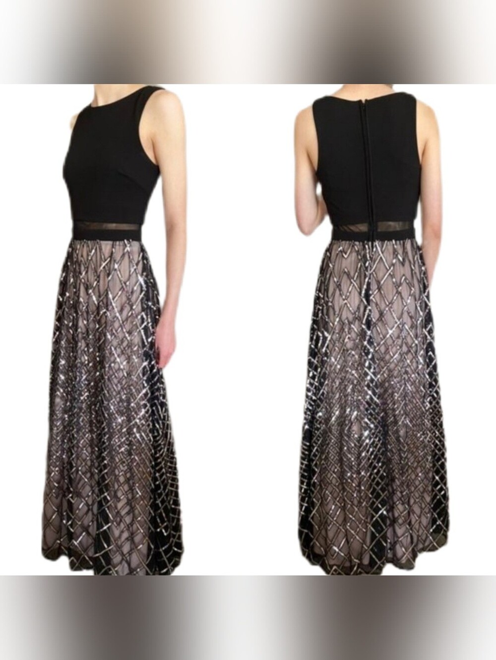 Black Bodice and Silver Sequin Mesh Evening Gown